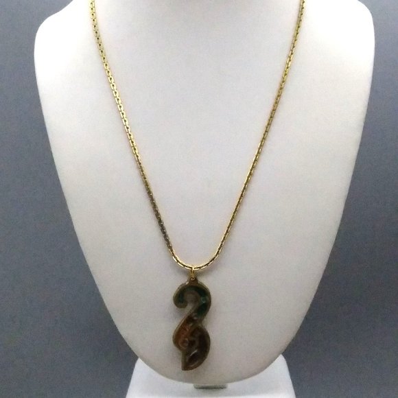 Modernist Brass Pendant Necklace with Stone and Resin Inlay, Retro Abstract Boho - Picture 2 of 5